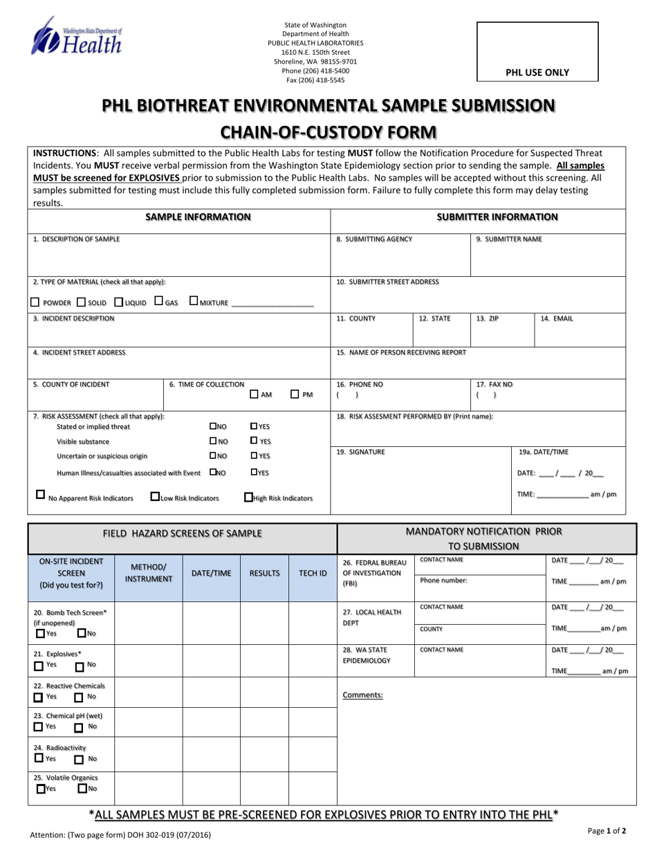 DOH Form 302-019 Phl Biothreat Environmental Sample Submission Chain-Of-Custody Form - Washington, Page 1