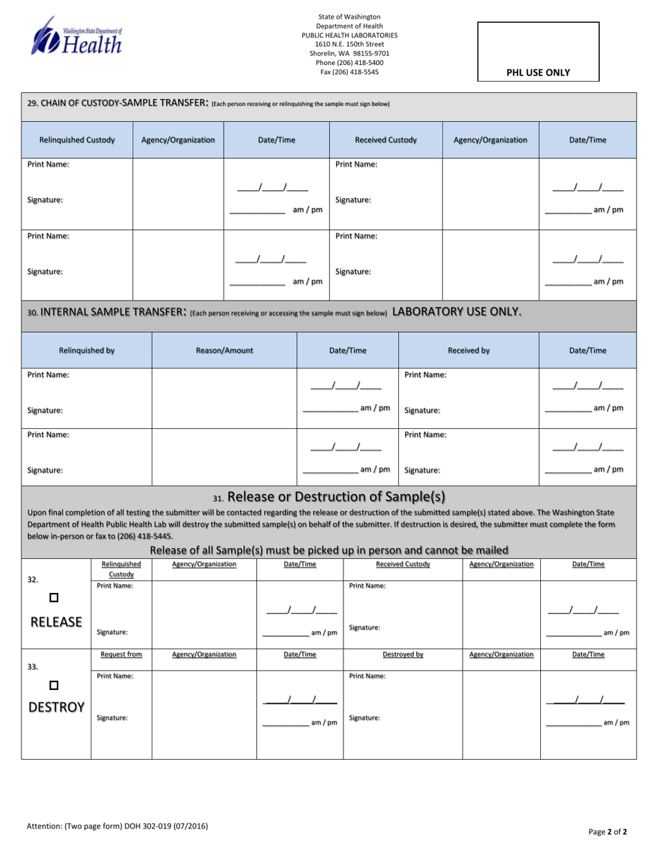 DOH Form 302-019 Phl Biothreat Environmental Sample Submission Chain-Of-Custody Form - Washington, Page 2