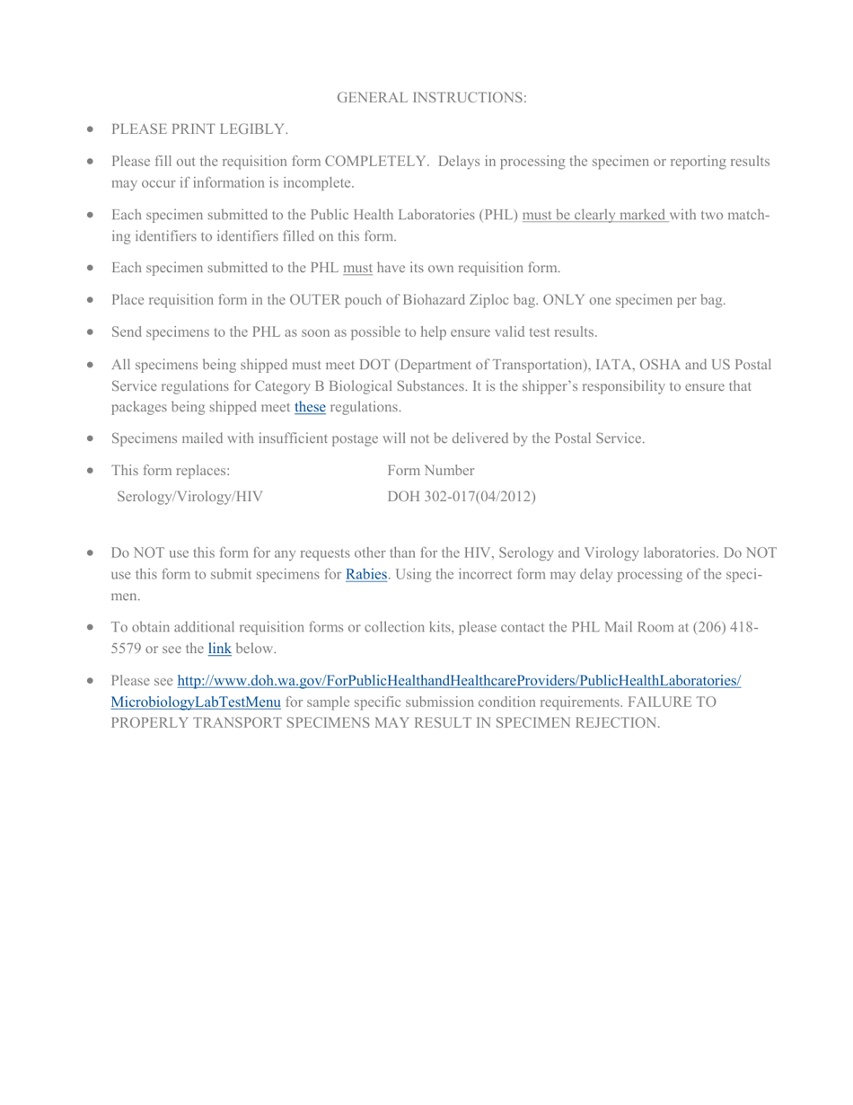 DOH Form 302-017 Serology / Virology / Hiv - Washington, Page 2
