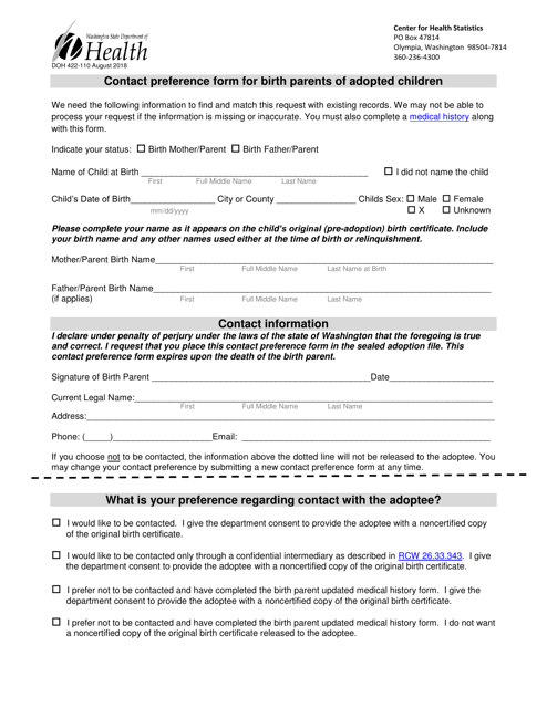 DOH Form 422-110 Contact Preference Form for Birth Parents of Adopted Children - Washington