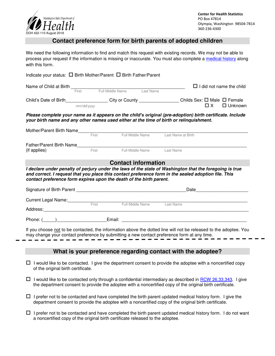 DOH Form 422-110 Contact Preference Form for Birth Parents of Adopted Children - Washington, Page 1