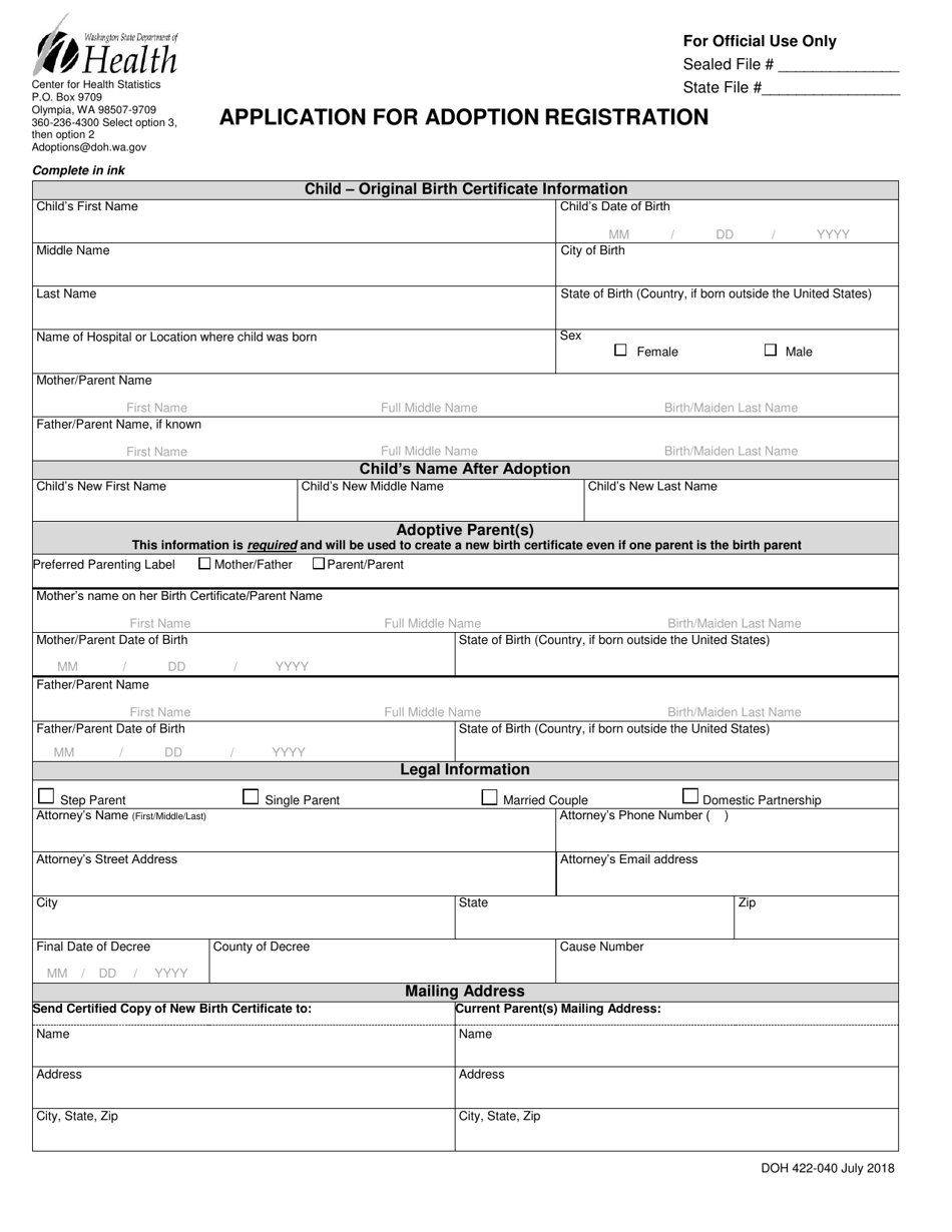 DOH Form 422-040 Application for Adoption Registration - Washington, Page 1