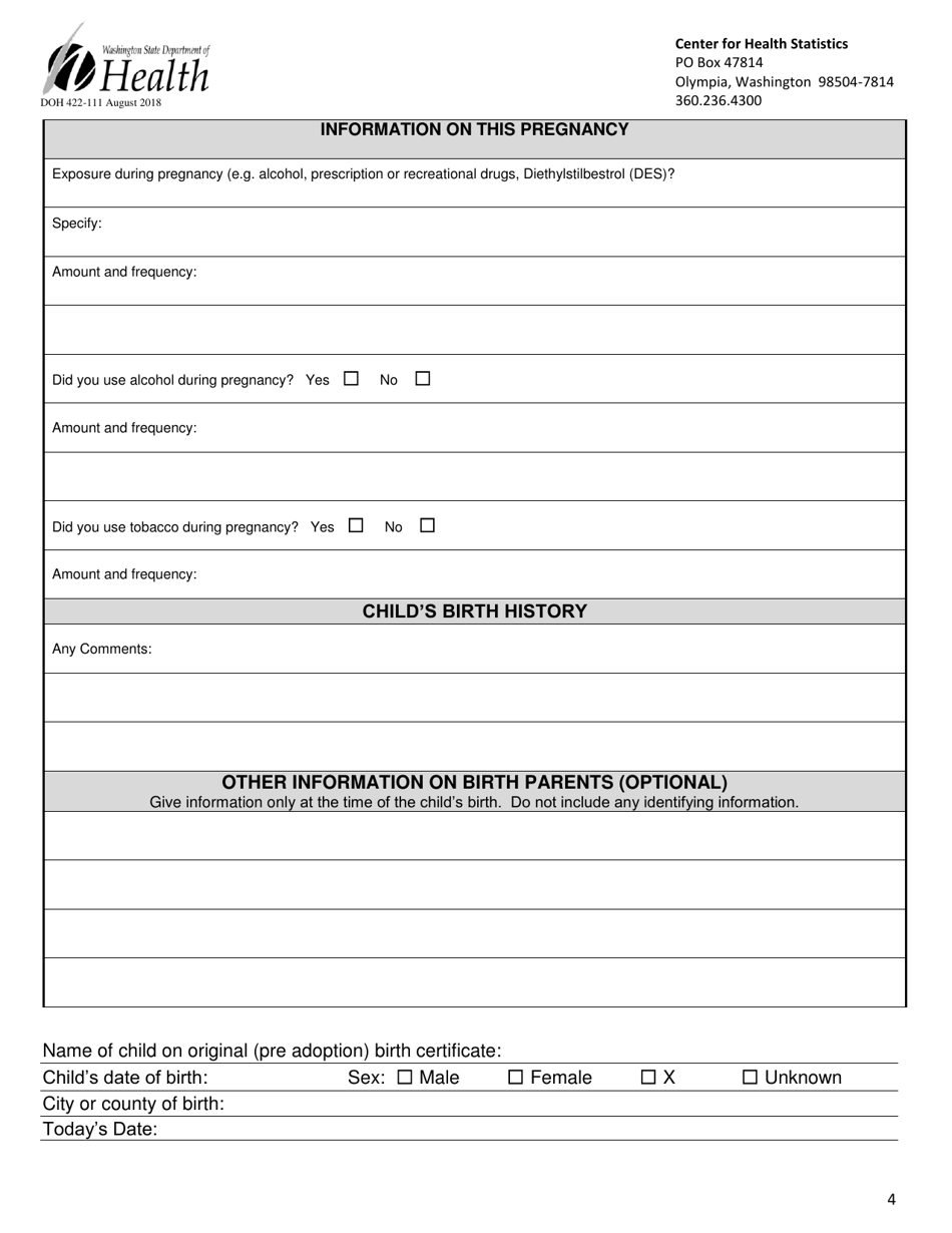 DOH Form 422-111 Birth Parent Medical History - Washington, Page 4