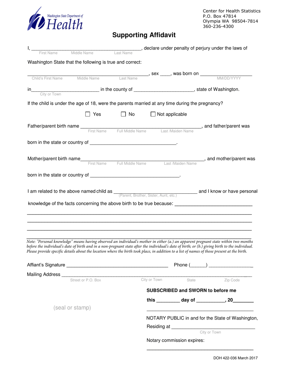 DOH Form 422-036 Supporting Affidavit - Washington, Page 1