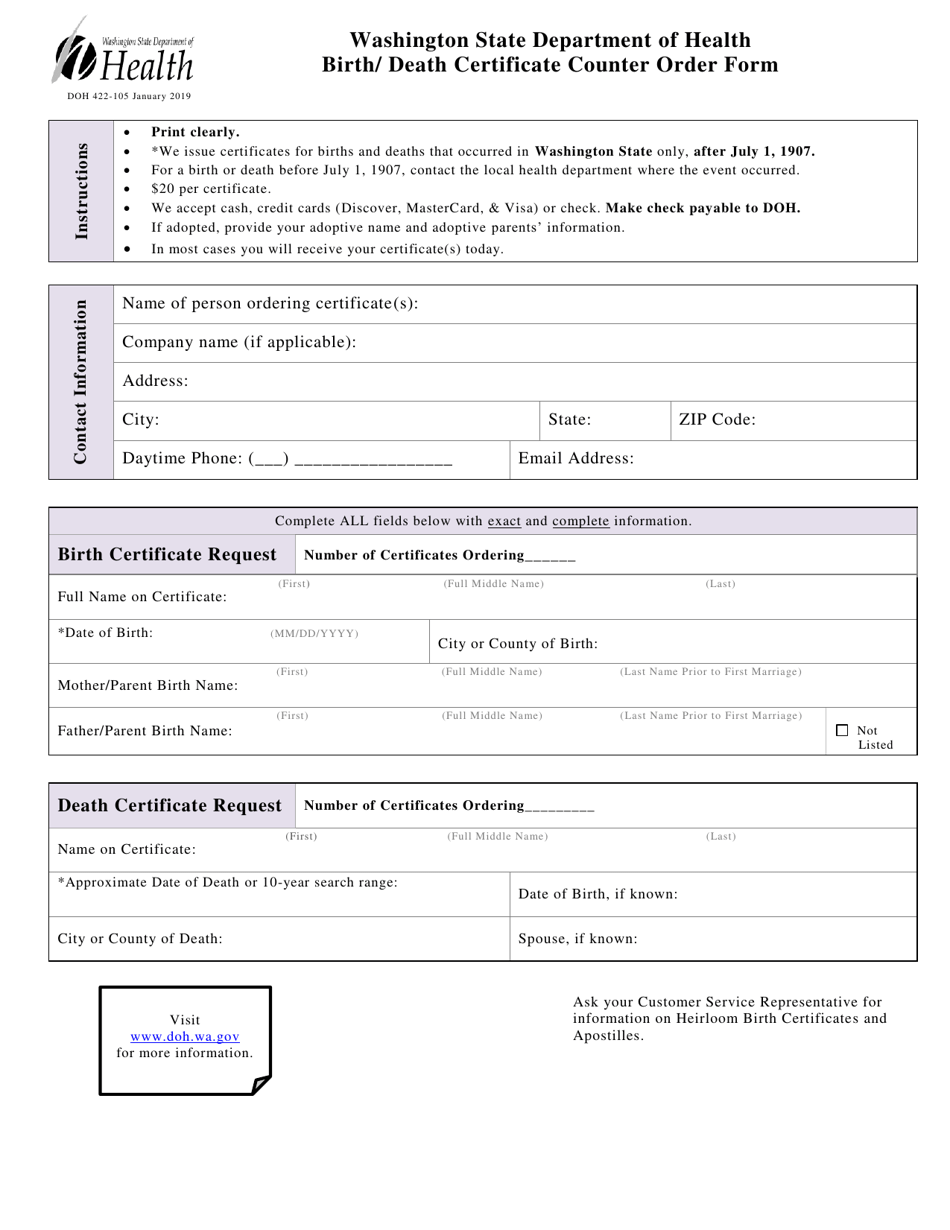 DOH Form 422-105 Birth / Death Certificate Counter Order Form - Washington, Page 1