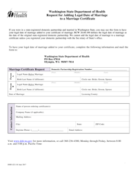 Document preview: DOH Form 422-118 Request for Adding Legal Date of Marriage to a Marriage Certificate - Washington