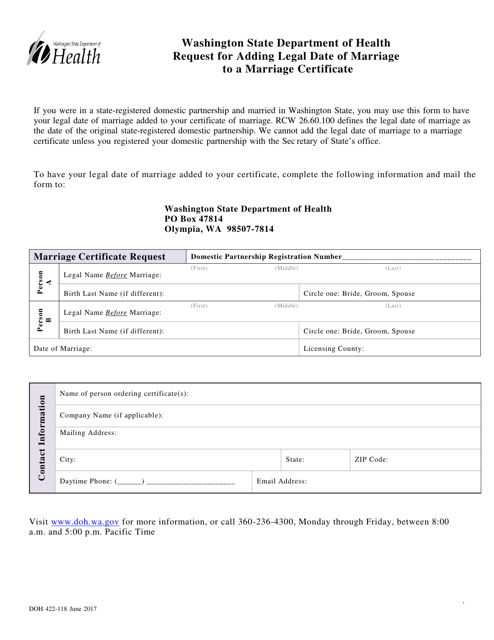 DOH Form 422-118  Printable Pdf