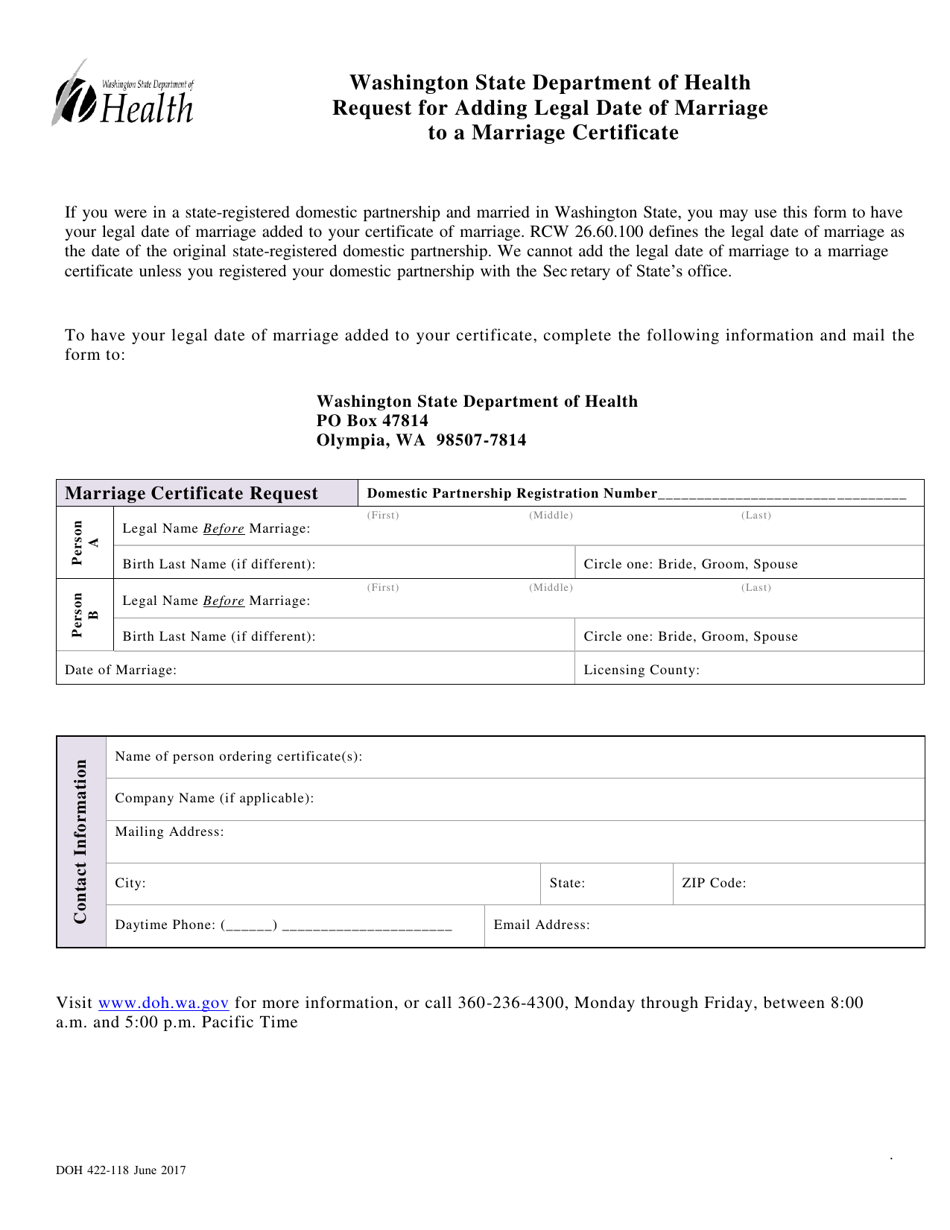 DOH Form 422-118 Request for Adding Legal Date of Marriage to a Marriage Certificate - Washington, Page 1
