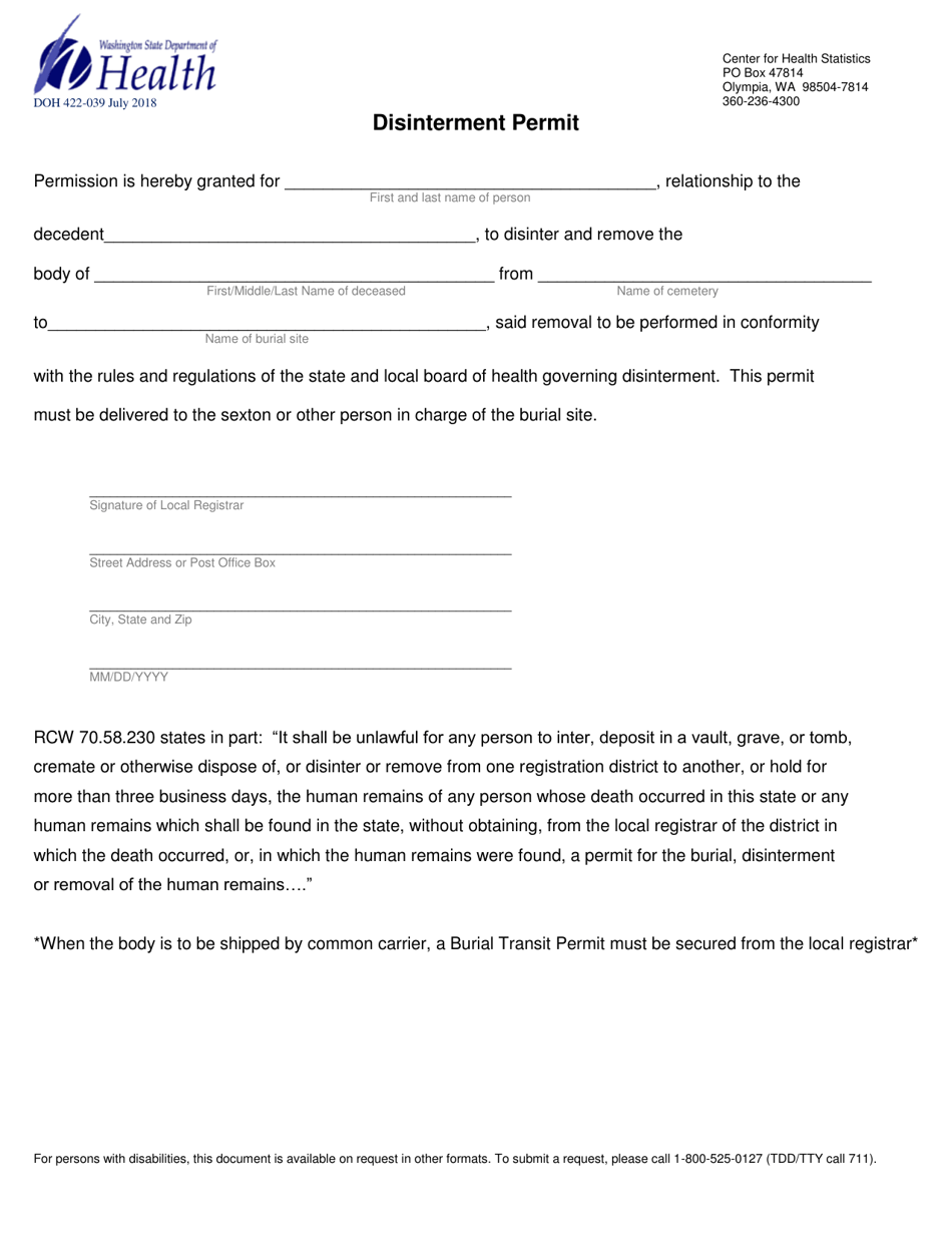 DOH Form 422-039 Disinterment Permit - Washington, Page 1
