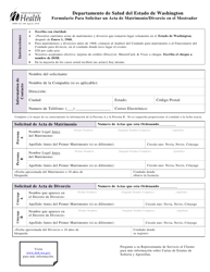 Document preview: DOH Formulario 422-106 Formulario Para Solicitar Un Acta De Matrimonio/Divorcio En El Mostrador - Washington (Spanish)
