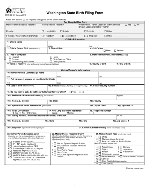 DOH Form 422-020 Washington State Birth Filing Form - Washington