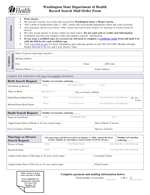 DOH Form 422-119 Record Search Mail Order Form - Washington