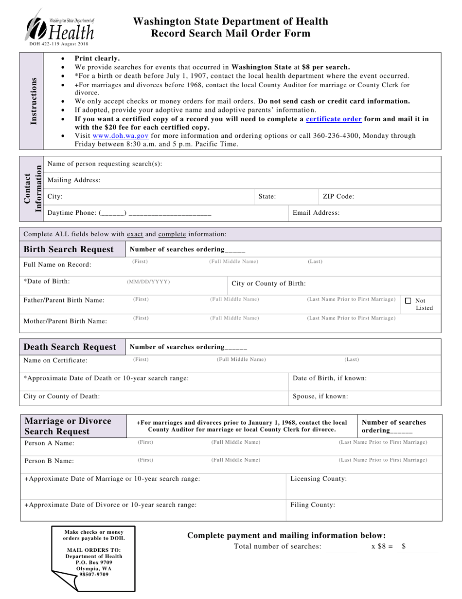 DOH Form 422-119 Record Search Mail Order Form - Washington, Page 1