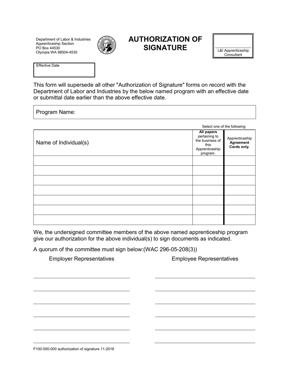 Form F100-500-000 Authorization of Signature - Washington, Page 1