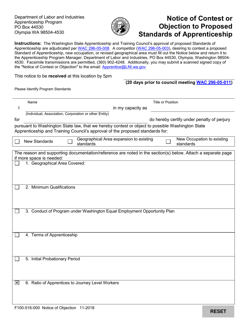 Form F100-516-000 Notice of Contest or Objection to Proposed Standards of Apprenticeship - Washington, Page 1
