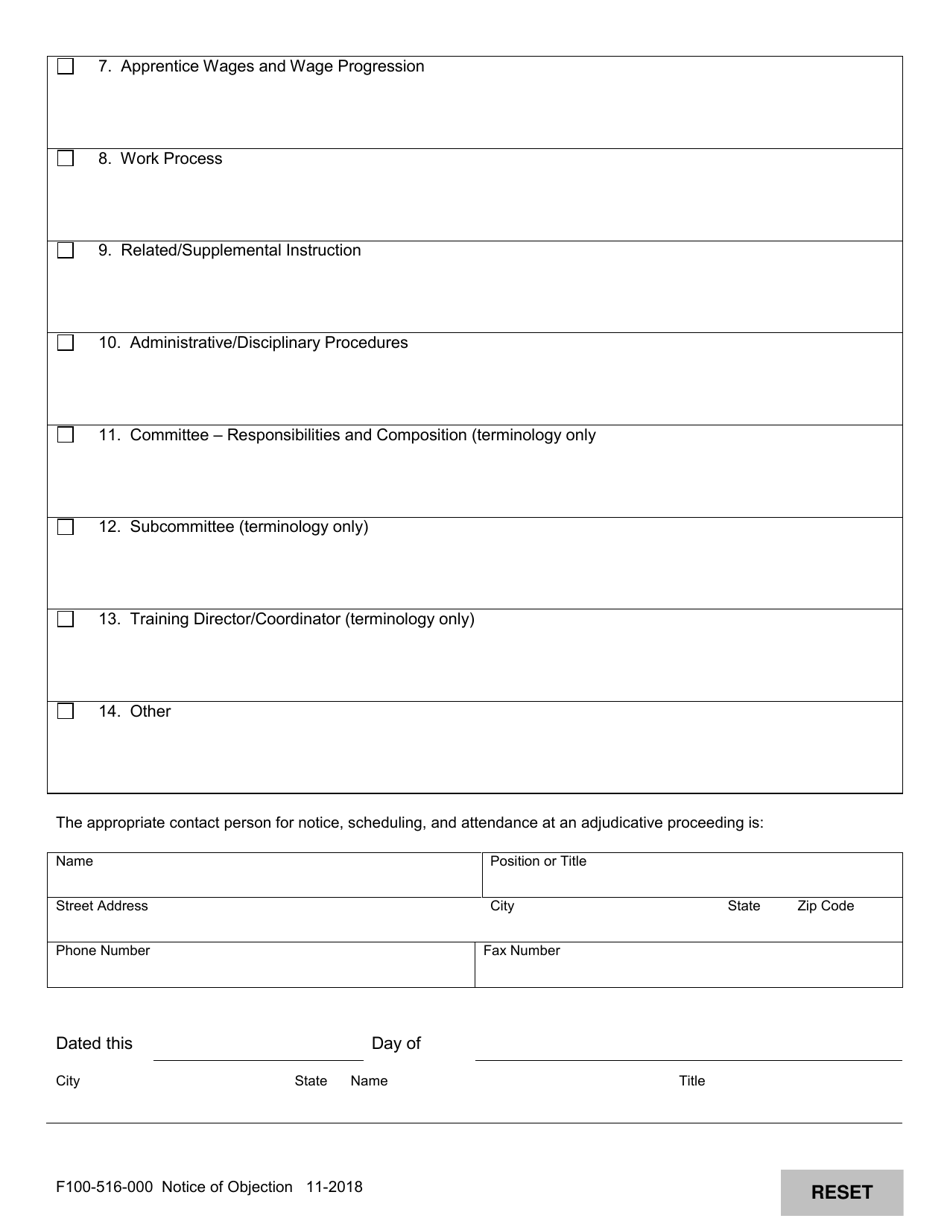 Form F100-516-000 Notice of Contest or Objection to Proposed Standards of Apprenticeship - Washington, Page 2