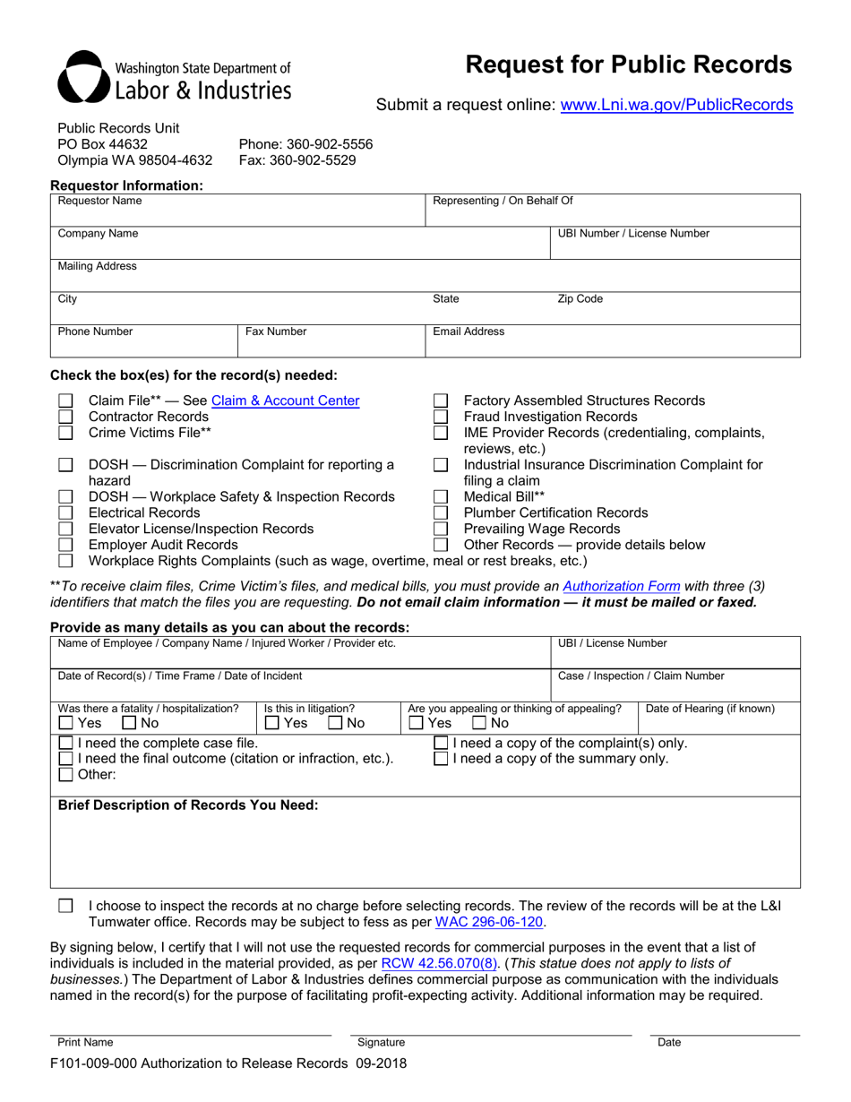 Form F101-009-000 Request for Public Records - Washington, Page 1