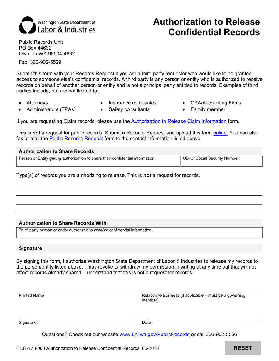 Form F101-173-000 Authorization to Release Confidential Records - Washington, Page 1