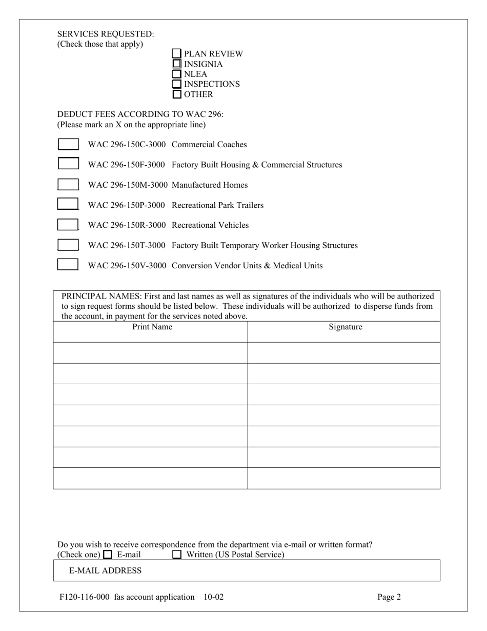 Form F120-116-000 Application to Establish a Factory Assembled Structure Deposit Account With the Department of Labor  Industries - Washington, Page 2