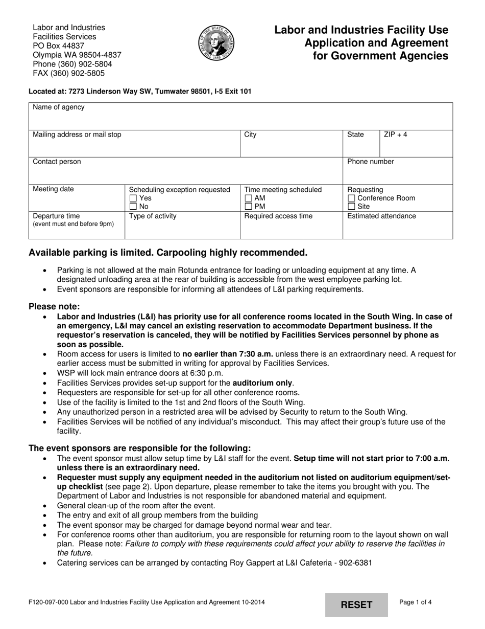 Form F120-097-000 Labor and Industries Facility Use Application and Agreement for Government Agencies - Washington, Page 1