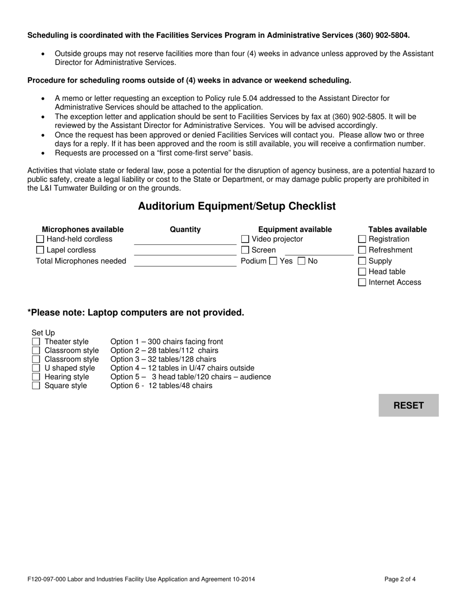Form F120-097-000 Labor and Industries Facility Use Application and Agreement for Government Agencies - Washington, Page 2