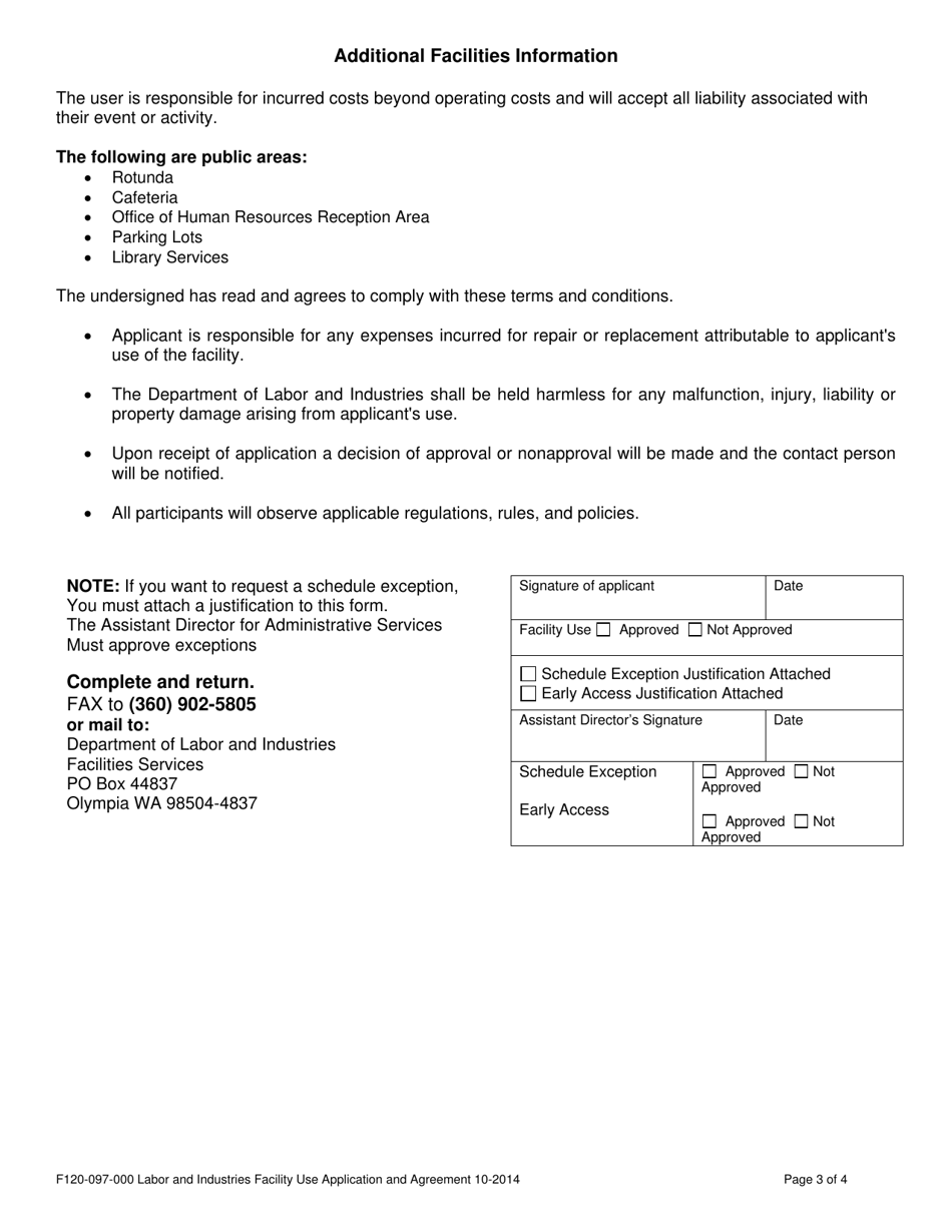 Form F120-097-000 Labor and Industries Facility Use Application and Agreement for Government Agencies - Washington, Page 3