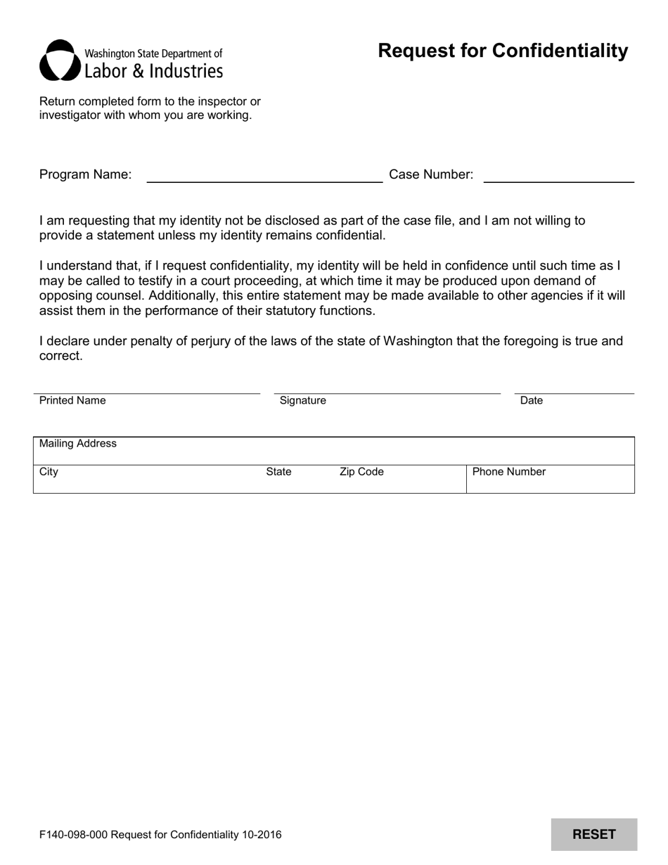 Form F140-098-000 Request for Confidentiality - Washington, Page 1