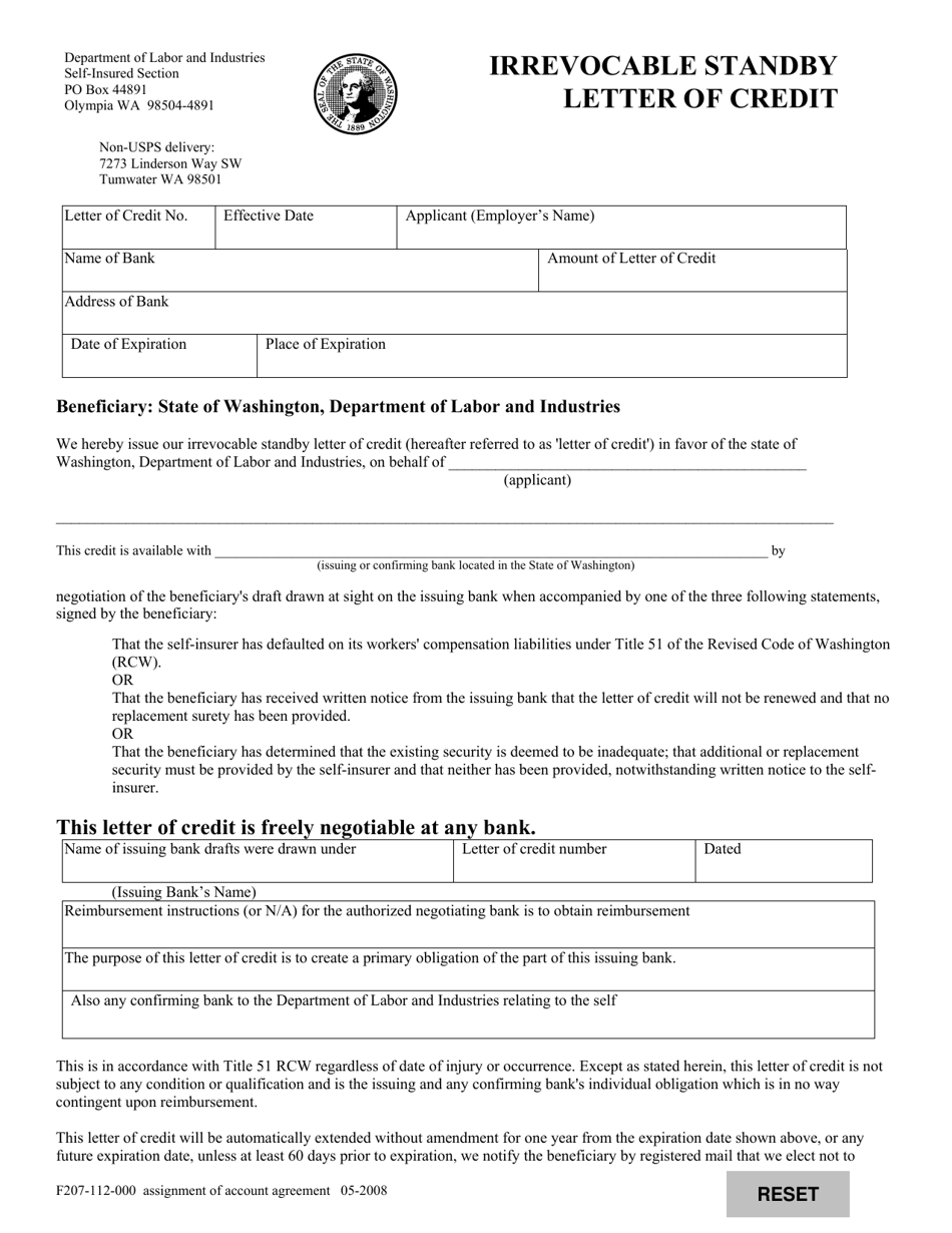 Form F207-112-000 Irrevocable Standby Letter of Credit - Washington, Page 1