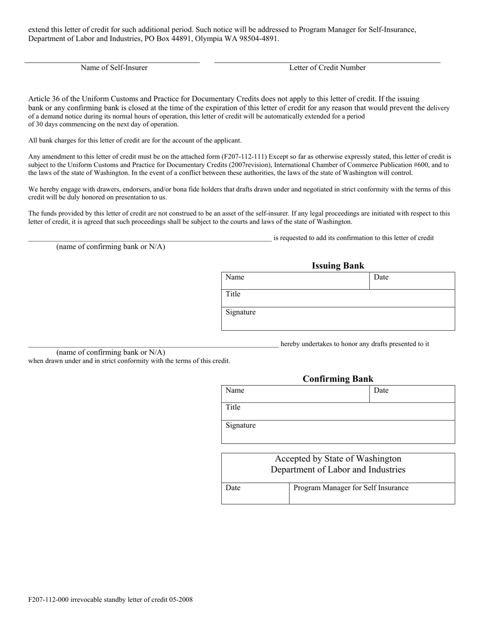Form F207-112-000 Irrevocable Standby Letter of Credit - Washington, Page 2