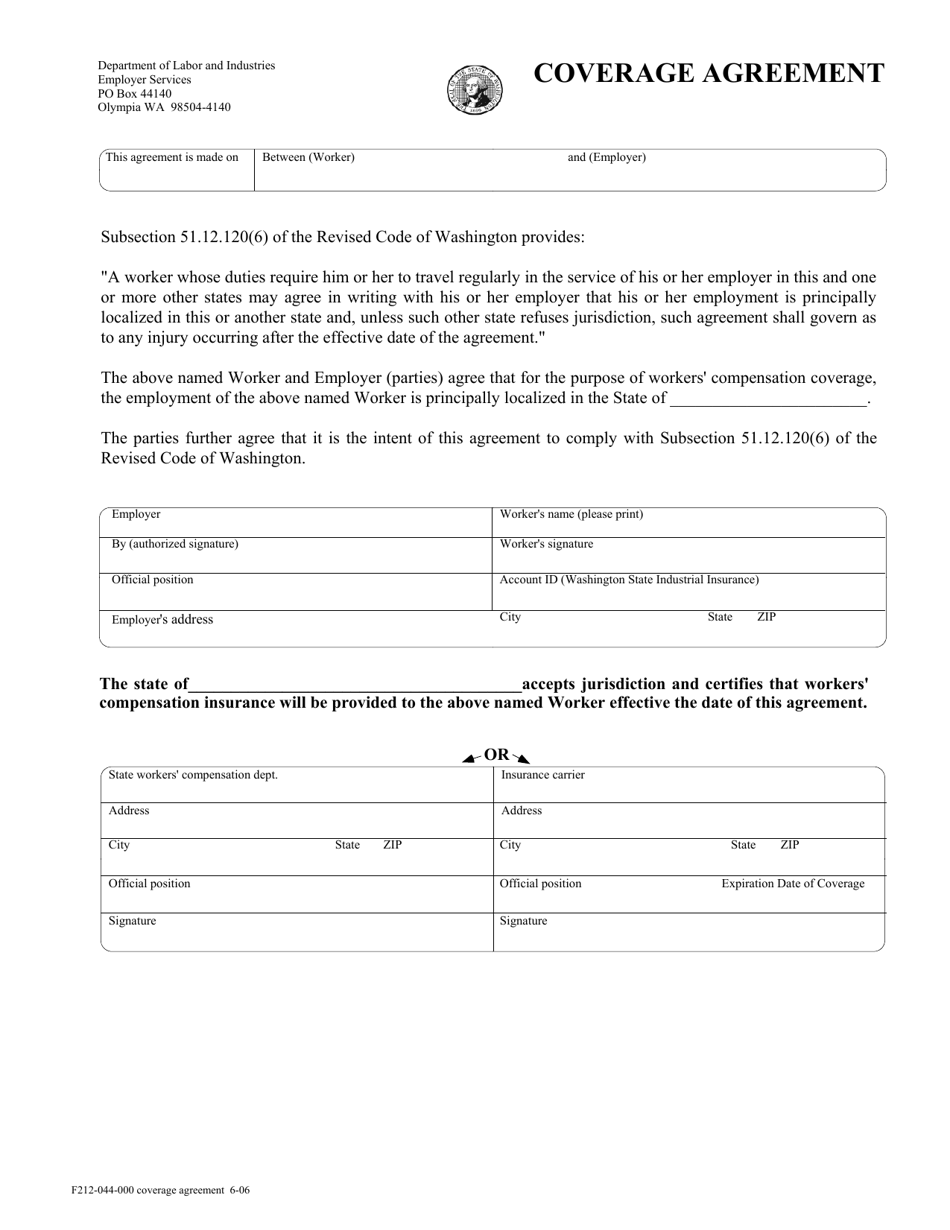 Form F212-044-000 Coverage Agreement - Washington, Page 1