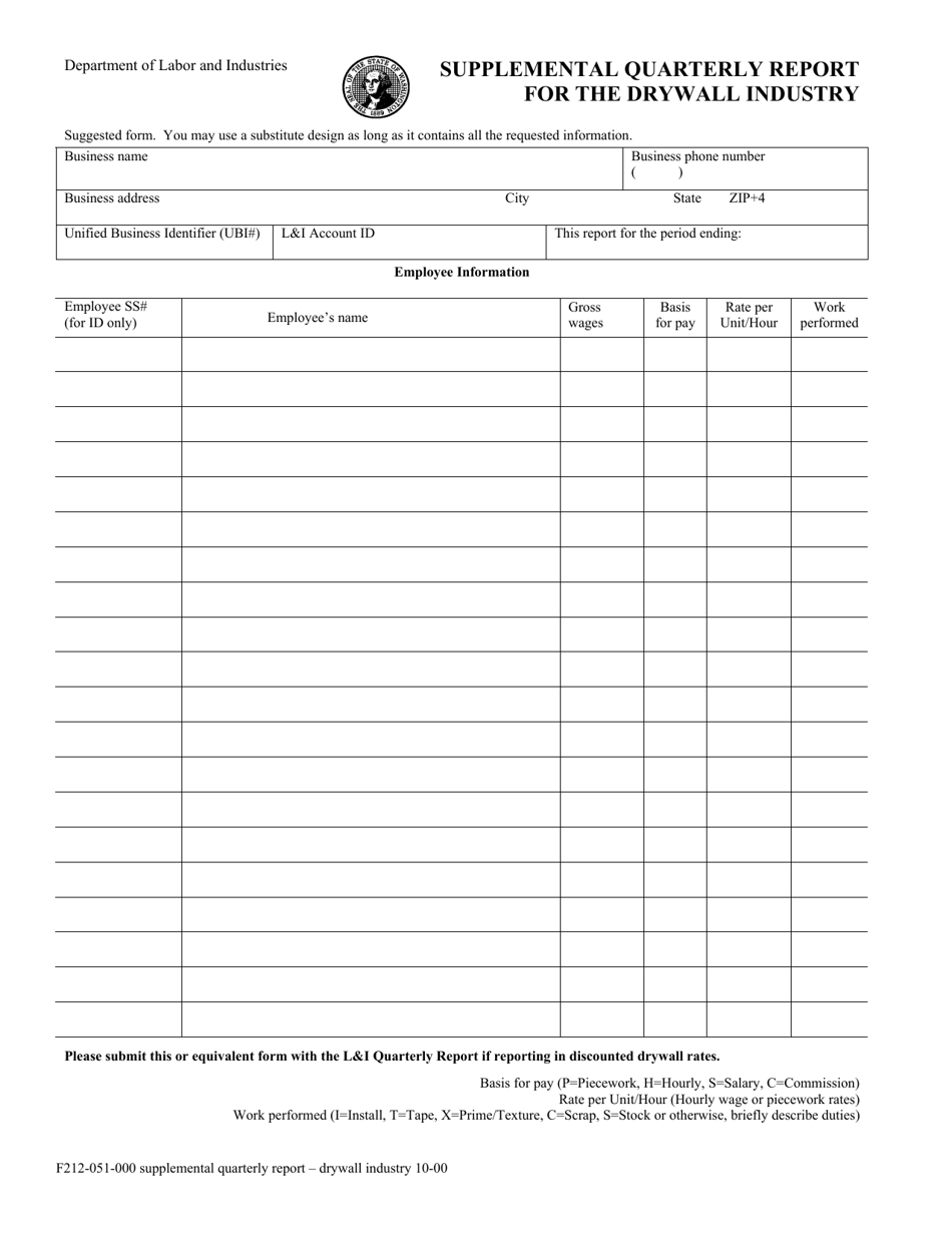 Form F212-051-000 Supplemental Quarterly Report for the Drywall Industry - Washington, Page 1