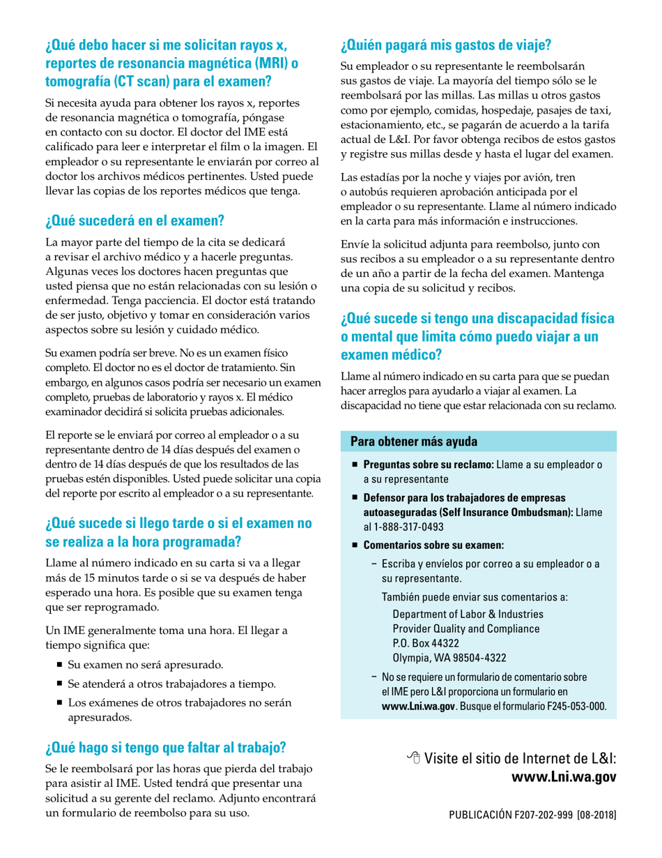 Formulario F207-202-999 Examen Medico Independiente (Ime) Solicitud Para Reembolso De Gastos De Viaje Y Salario - Washington (Spanish), Page 2