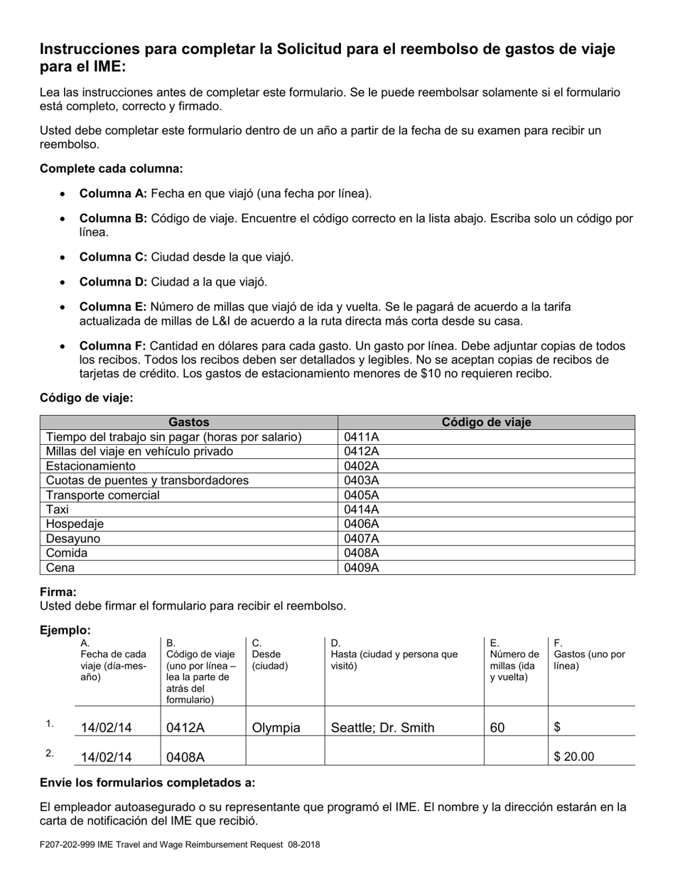 Formulario F207-202-999 Examen Medico Independiente (Ime) Solicitud Para Reembolso De Gastos De Viaje Y Salario - Washington (Spanish), Page 4