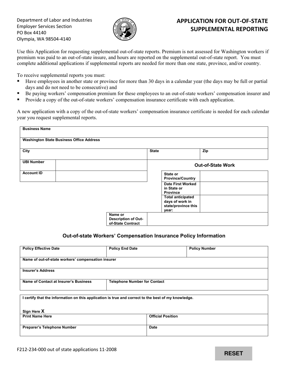 Form F212-234-000 Application for Out-of-State Supplemental Reporting - Washington, Page 1