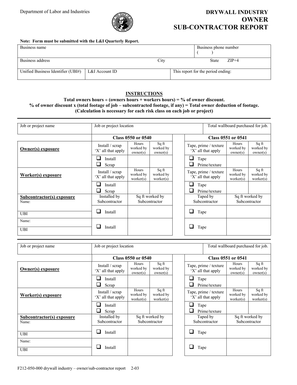Form F212-050-000 Drywall Industry - Owner / Sub-contractor Report - Washington, Page 1