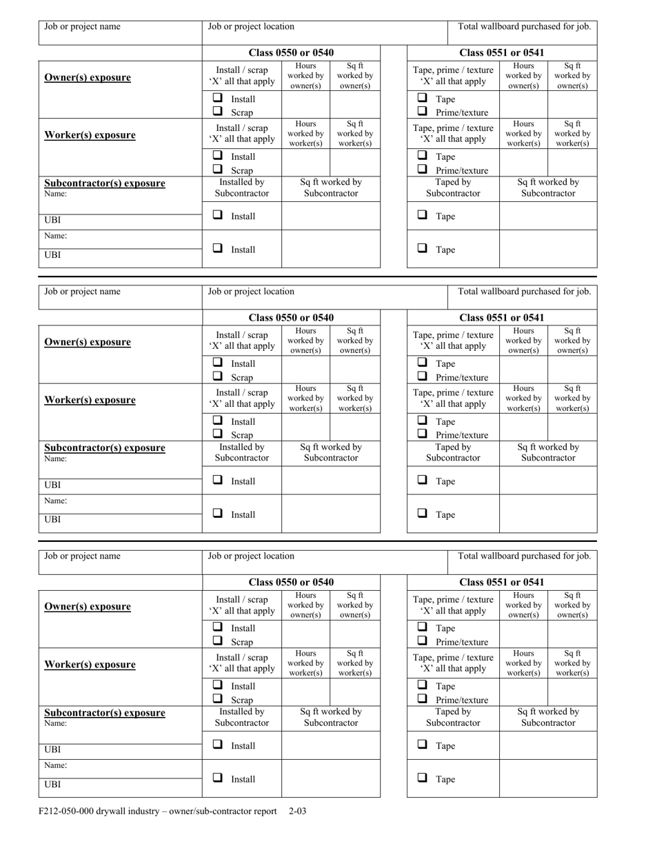 Form F212-050-000 Drywall Industry - Owner / Sub-contractor Report - Washington, Page 2