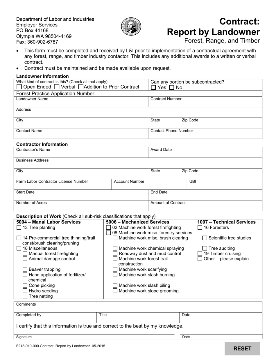 Form F213-010-000 Contract: Report by Landowner - Forest, Range  Timber Industry - Washington, Page 1