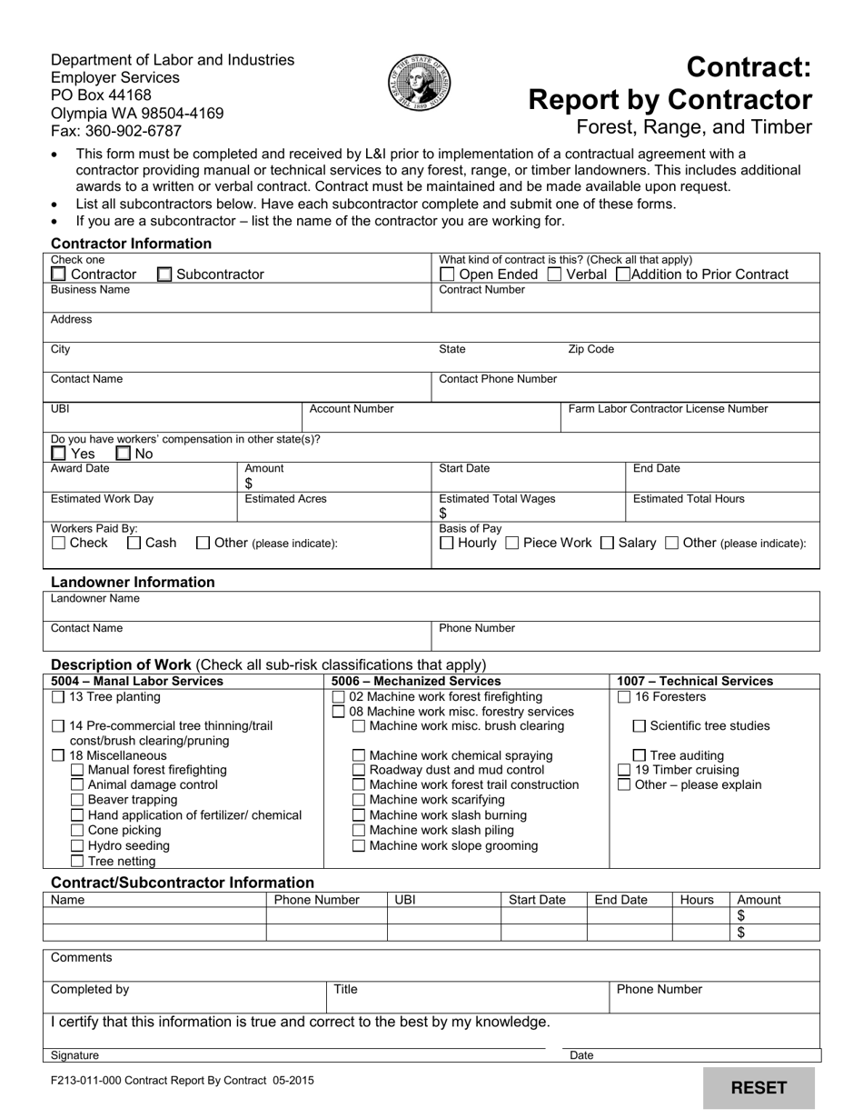 Form F213-011-000 Contract: Report by Contractor - Forest, Range  Timber Industry - Washington, Page 1