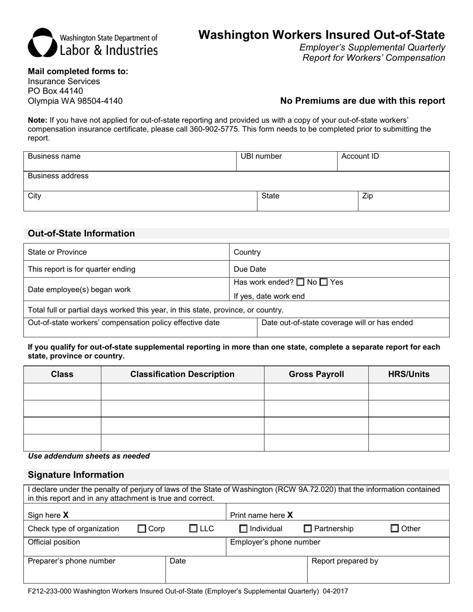 Form F212-233-000 Washington Workers Insured Out-of-State: Employers Supplemental Quarterly Report for Workers Compensation - Washington, Page 1