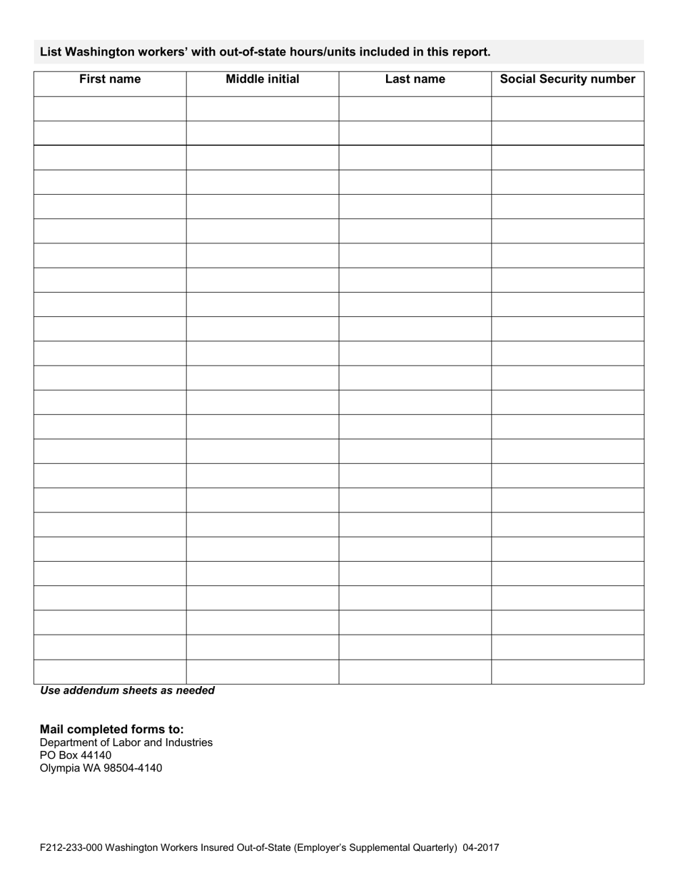Form F212-233-000 Washington Workers Insured Out-of-State: Employers Supplemental Quarterly Report for Workers Compensation - Washington, Page 2