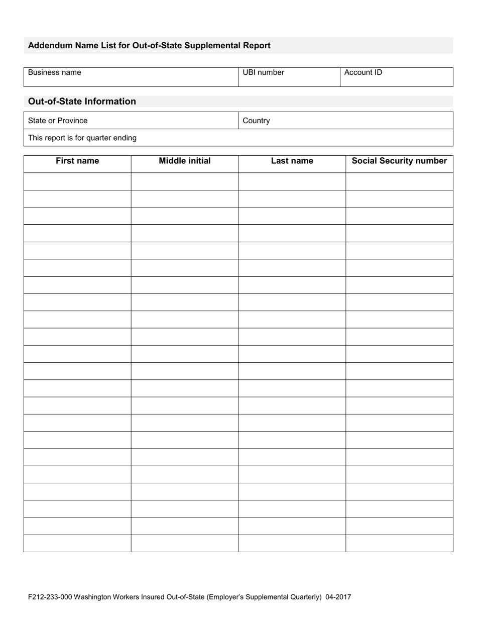 Form F212-233-000 Washington Workers Insured Out-of-State: Employers Supplemental Quarterly Report for Workers Compensation - Washington, Page 4