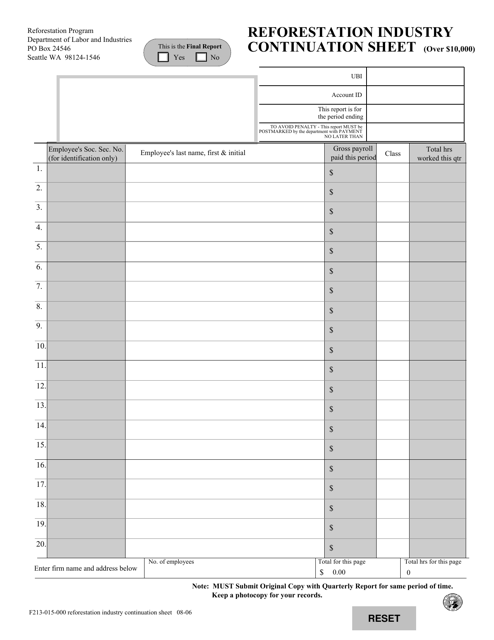 Form F213-015-000 Reforestation Industry Continuation Sheet (Over $10,000) - Washington