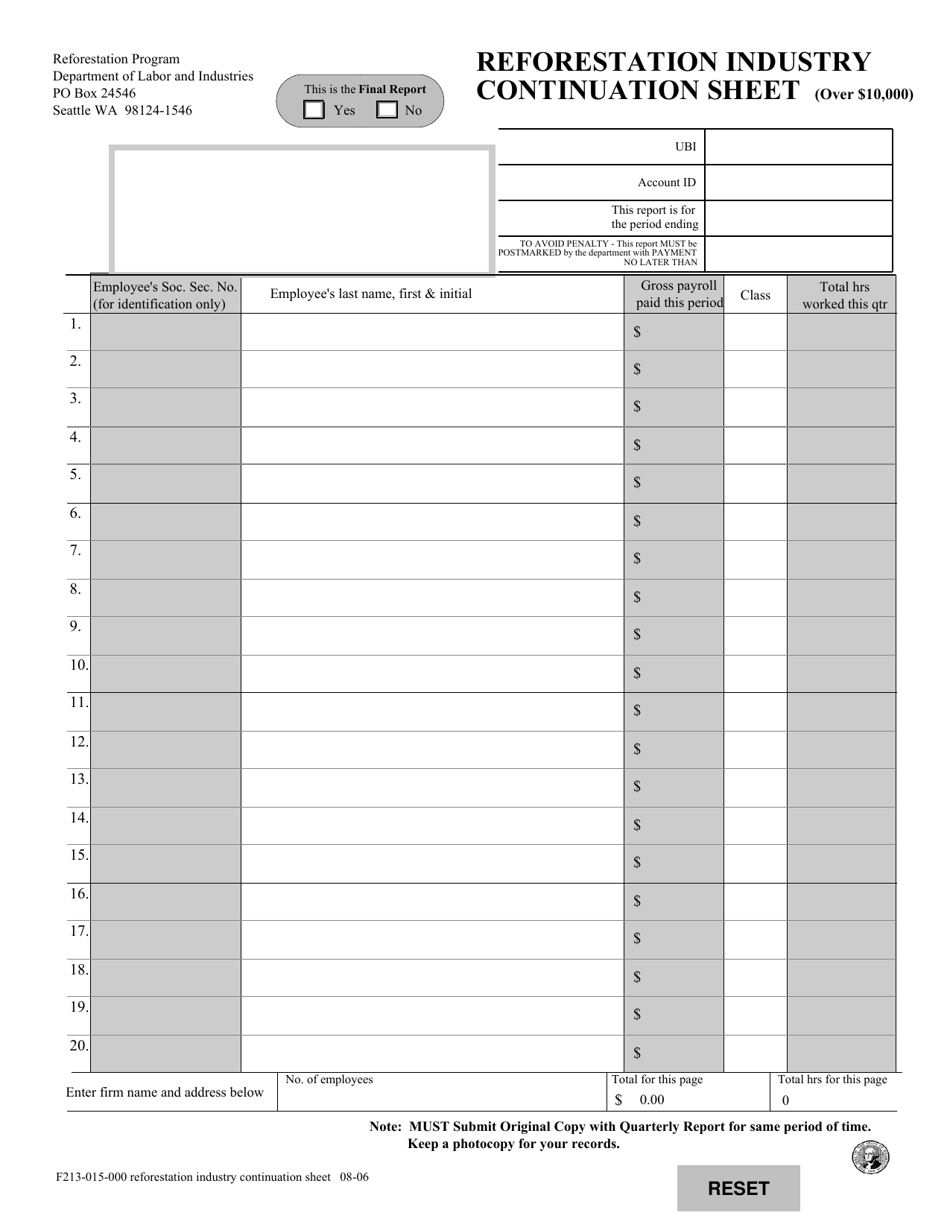 Form F213-015-000 Reforestation Industry Continuation Sheet (Over $10,000) - Washington, Page 1
