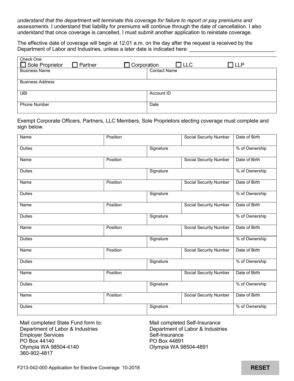 Form F213-042-000 Application for Elective Coverage - Sole Proprietor, Partners, for-Profit Corporate Officers, or Member / Managers of Limited Liability Company (LLC) - Washington, Page 2