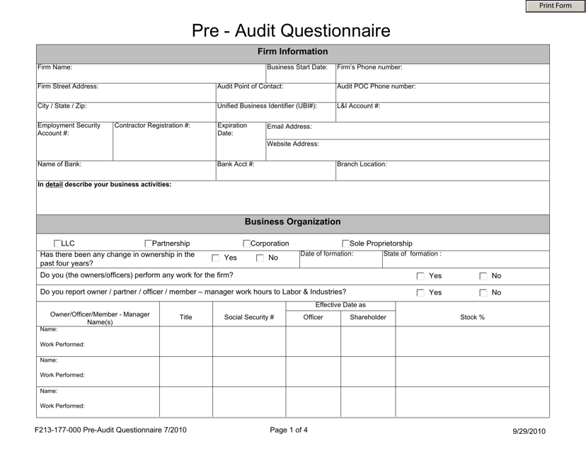 Form F213-177-000 Pre - Audit Questionnaire - Washington