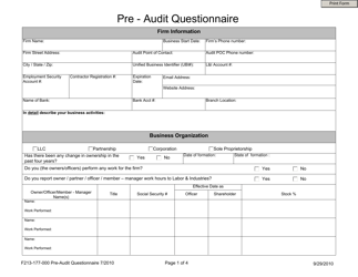 Form F213-177-000 Pre - Audit Questionnaire - Washington