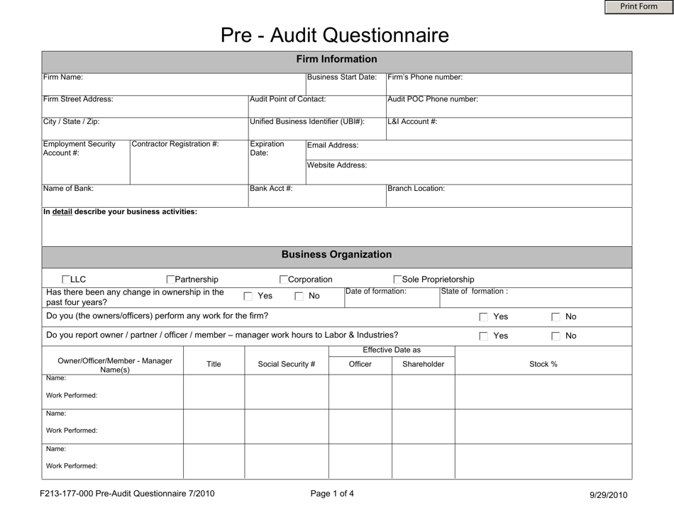 Form F213-177-000 Pre - Audit Questionnaire - Washington, Page 1