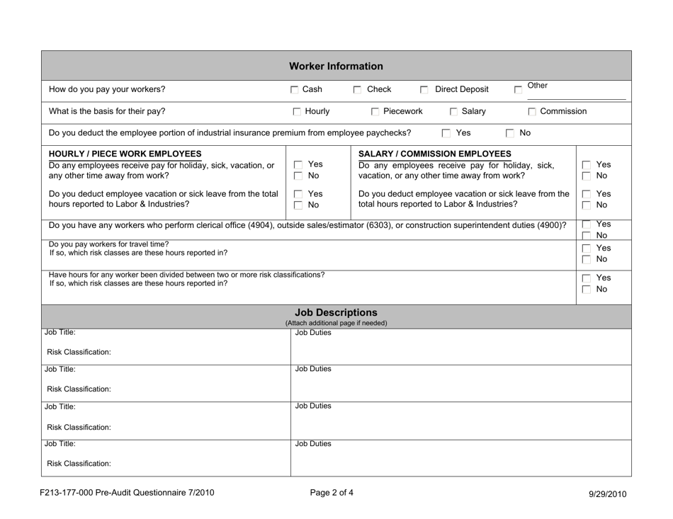 Form F213-177-000 Pre - Audit Questionnaire - Washington, Page 2