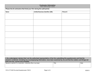 Form F213-177-000 Pre - Audit Questionnaire - Washington, Page 4