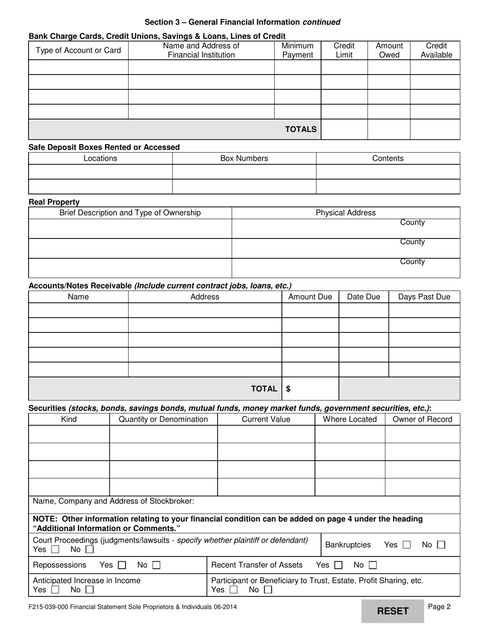 Form F215-039-000 Financial Statement Sole Proprietors and Individuals - Washington, Page 2
